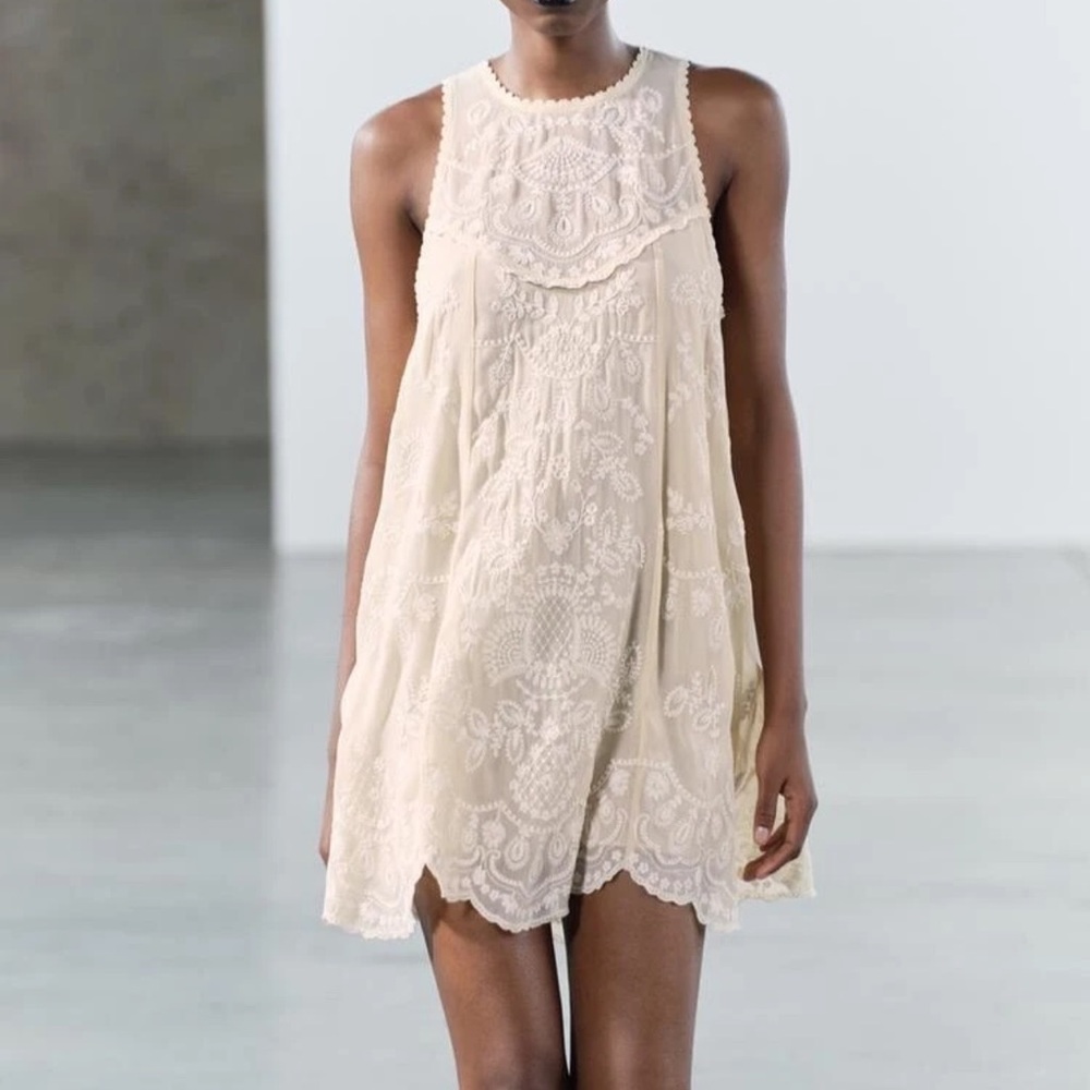 NWOT ZARA 2024 ZW COLLECTION CONTRAST EMBROIDERY DRESS MEDIUM BEIGE 6895/073